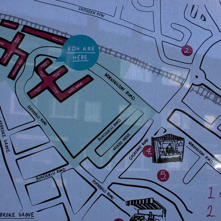The layout and plan of the Wornington Green Estate to guide visitors. This is from 2019 during the regeneration and half of the estate has already been demolished and replaced by Portobello Square new builds. Photo by Constantine Gras.