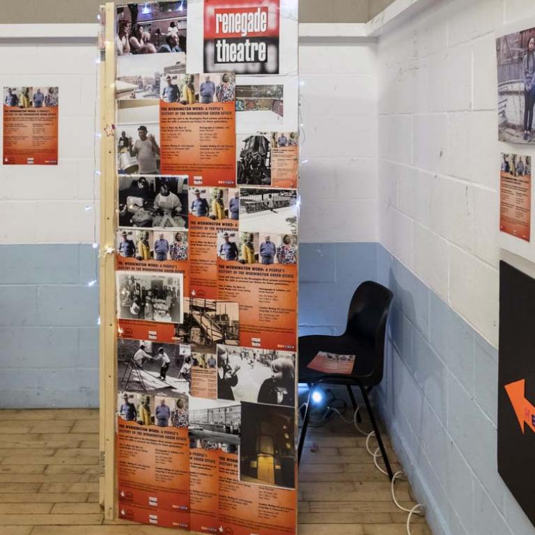A picture of the Oral History Booth set up inside Venture Community Centre’s main hall. This was part of Venture’s 60th Birthday celebrations. The Listening Booth allows people to listen to the recorded stories of Wornington Green residents whilst looking at photographs taken of Venture, the Wornington Green Estate and the local area. Photo taken by Kevin Percival 2019.